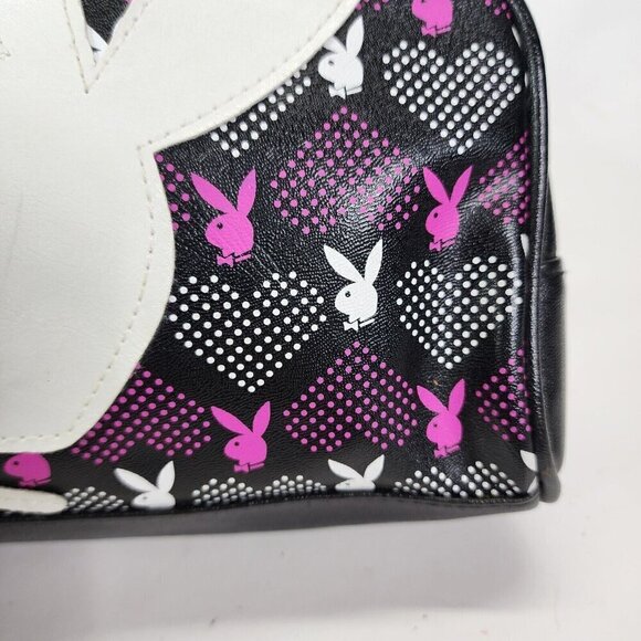 Vtg 90s Playboy BLACK Vinyl Purse Small Bowler Y2K Big White Bunny Logo RARE - Picture 5 of 16